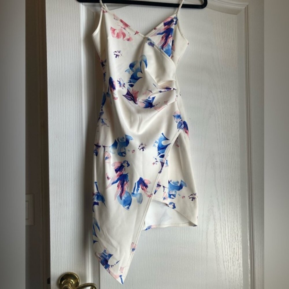 Floral Asymmetrical Dress - White and Blue
